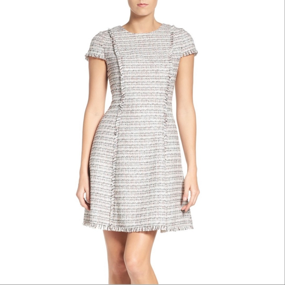 Eliza J Spring Tweed Fringe Hem Fit‎ Flare Dress White Pink Black Size 12